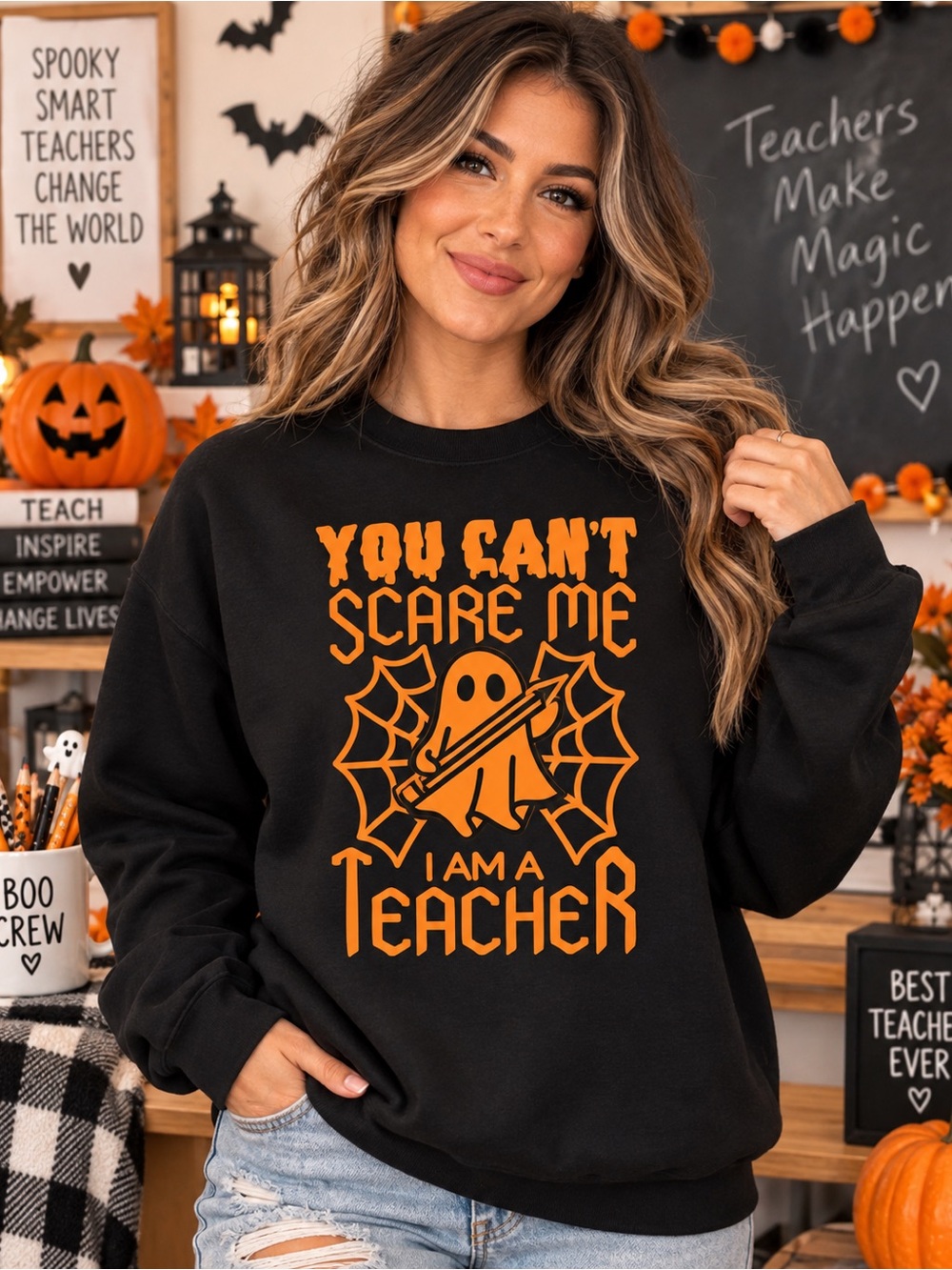 Black Halloween Teacher Sweatshirt - "You Can't Scare Me I Am A Teacher"